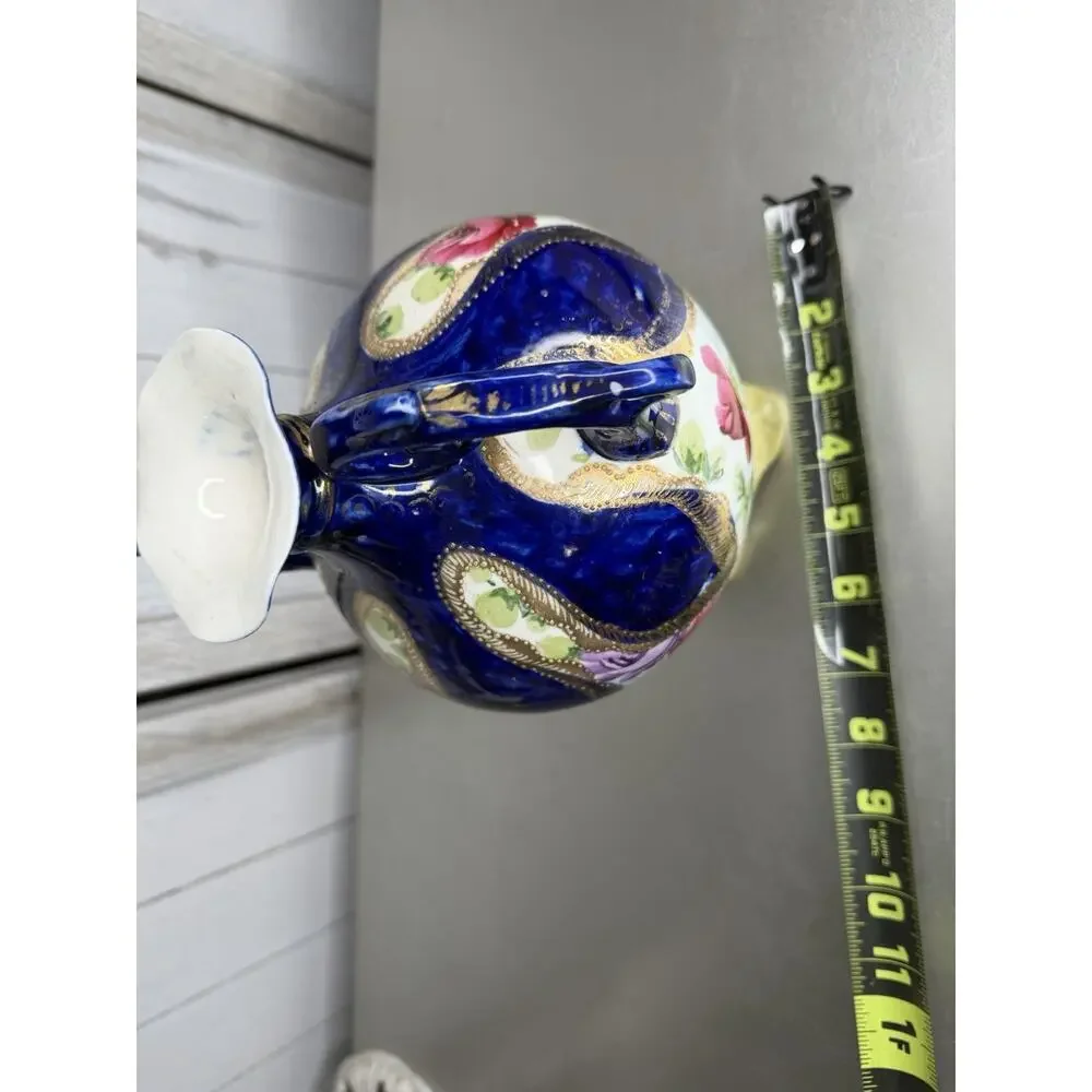 Antique Nippon Hand Paint Cobalt Blue Gold Rose Porcelain Handled Vase Urn